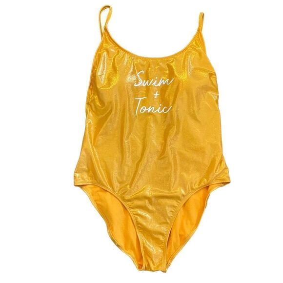 Shiny Yellow Golden Modest Fullpiece Exposed Back Swimsuit - Picture 1 of 5